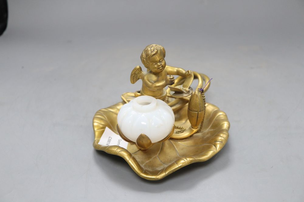 A Victorian ormolu cherub inkstand, length 20cm